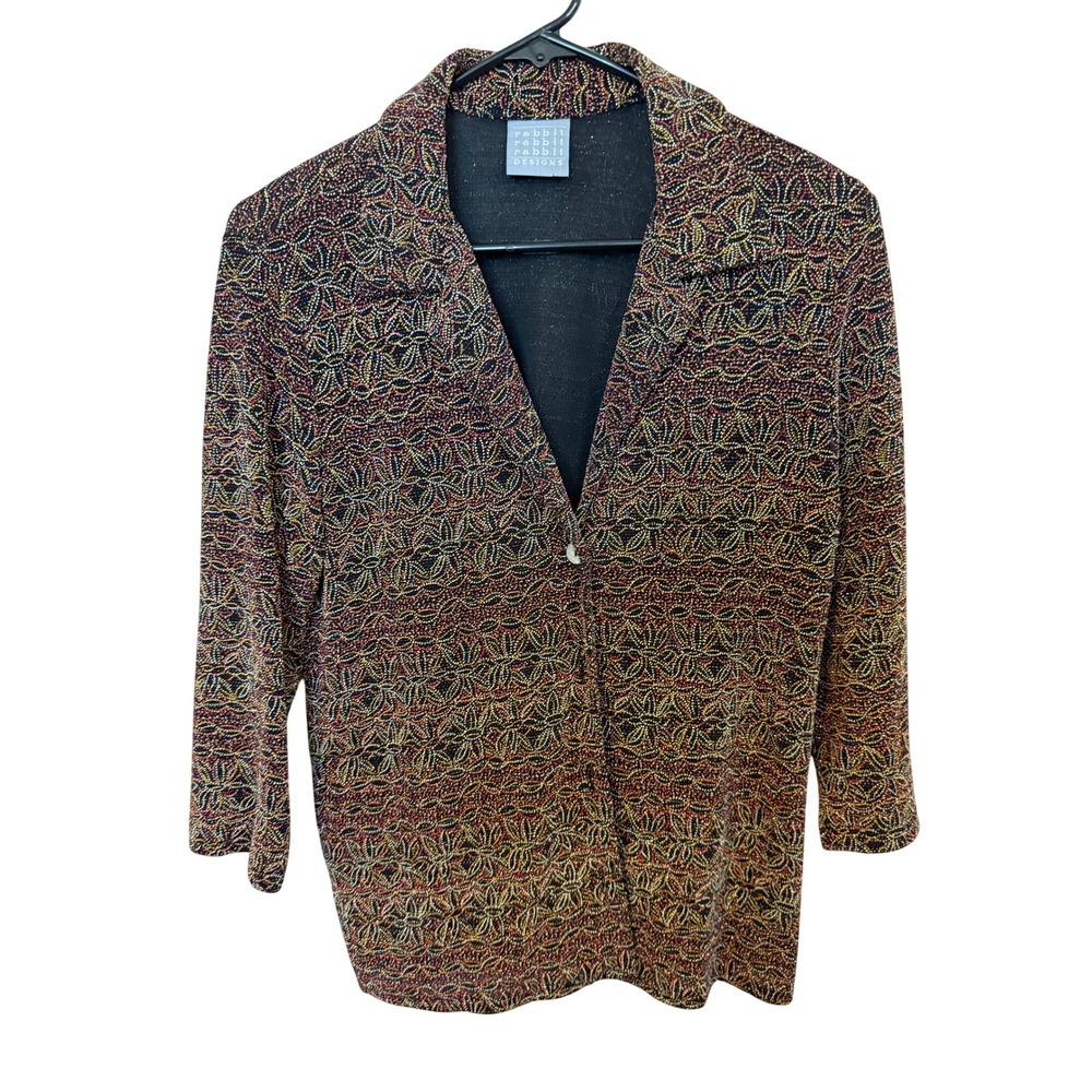 Rabbit Rabbit Designs Cardigan Womens 10M Multicolor Excellent Metallic Floral